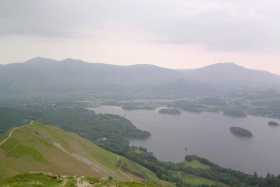 A view of Derwent Water and Keswick nestled under the Skiddaw massif, from Cat Bells