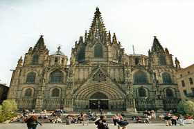 The gothic facade of the cathedral of Santa Eulalia in Barcelona