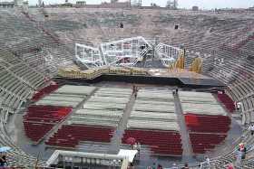 Verona's Arena being prepared for the summer opera season.  The amphitheatre was completed by the Romans around 30AD and is one of a number of Roman monuments found in the city.