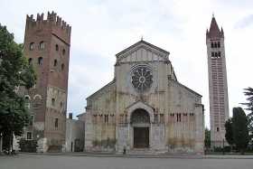The Basilica di San Zeno Maggiore, with its bell tower and the abbey tower. Legend has it that Romeo and Juliet were married in its crypt.