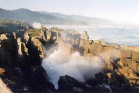 The pancake rocks contain blowholes, leading to big spray at high tide